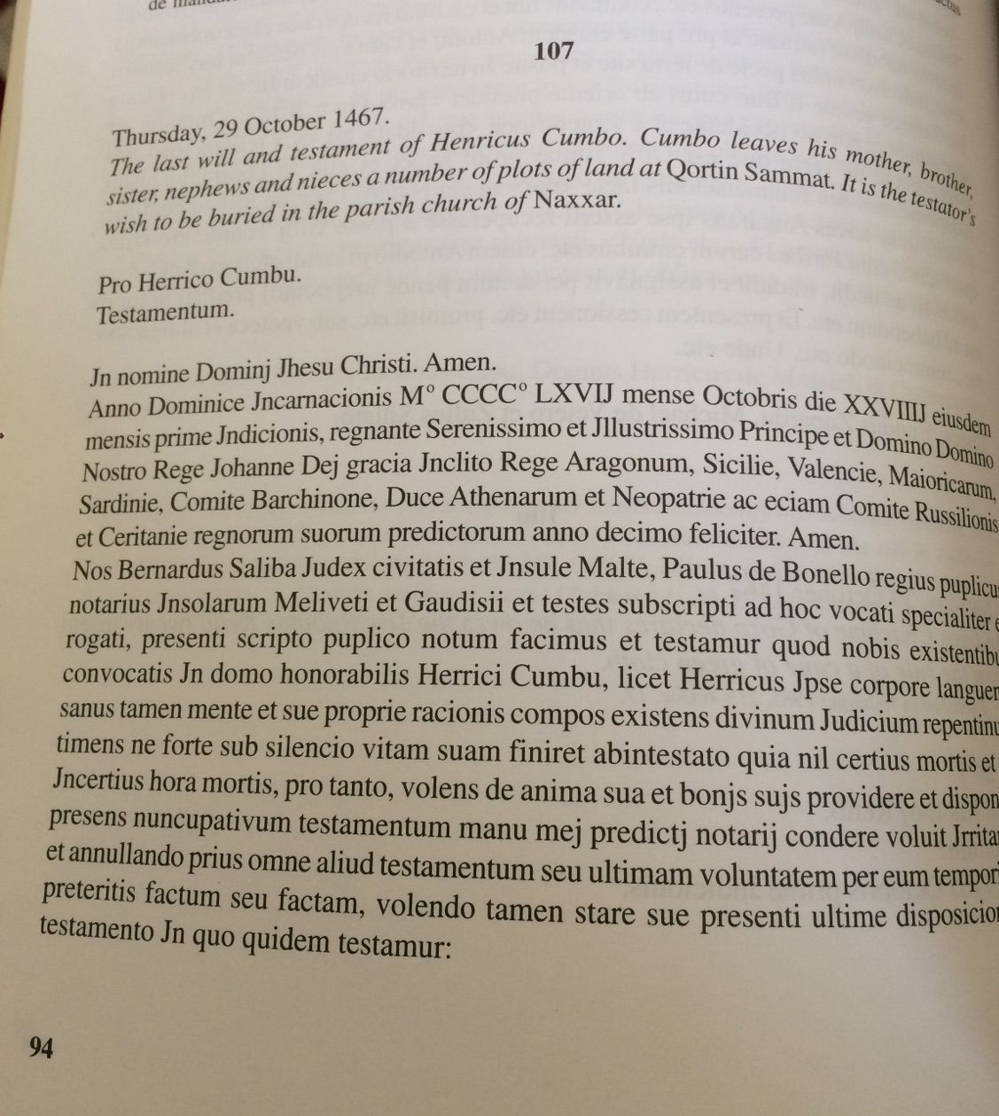 Testament de CUMBO Errigo dans Documentary Sources of Maltese History par Stanley FIORINI